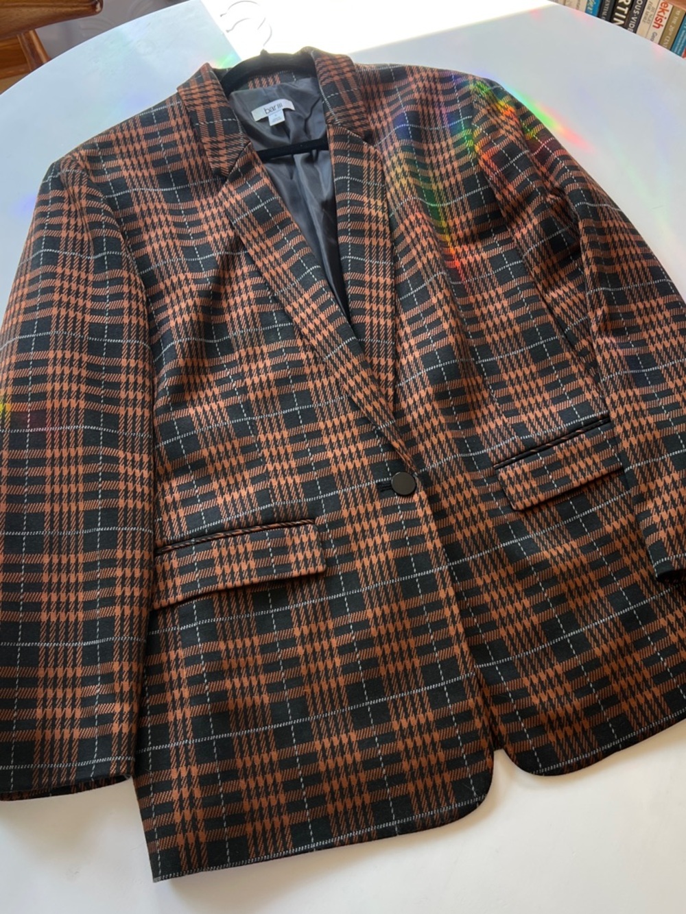 Bar III Black and Brown Plaid Single-Button Blazer